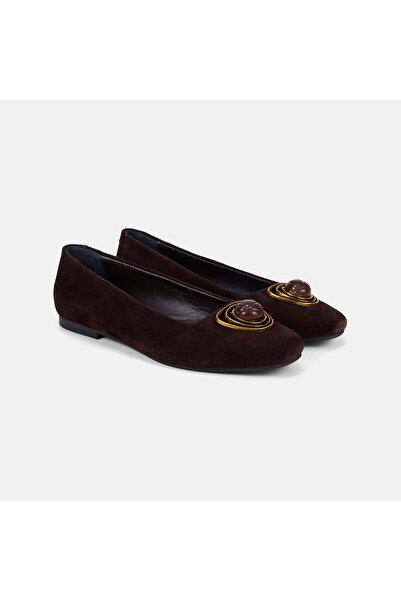 Desa Women's Bitter Brown Suede Ballerinas with Natural Stone Accessories