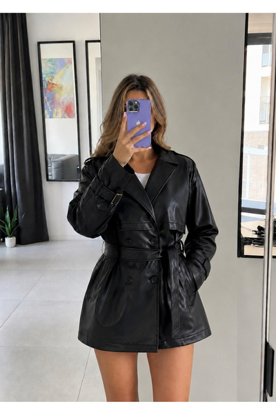 Ekim Store Δερμάτινη καμπαρντίνα με κουμπιά και ζώνη