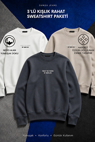 DAMGA JEANS 3 Pieces Men's Long Sleeve Printed Cotton Sweatshirt