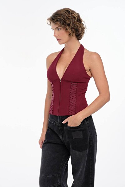 tw3 Women's Halter Neck Corset with Lace Detail Design