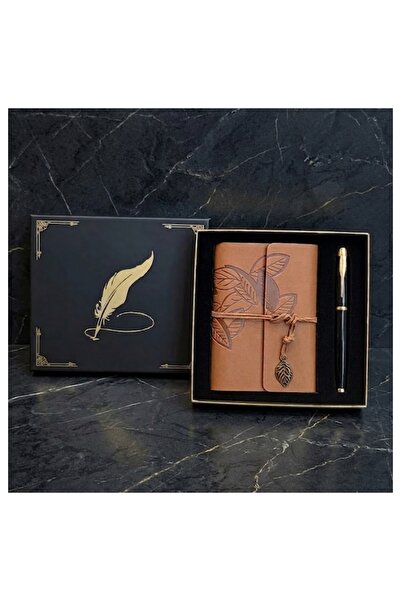 Generic Brand Tan Leather Notebook and Pen Set