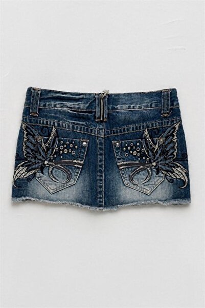 Karakedi Fusta din denim HarajukuY2K cu broderie fluture albastră