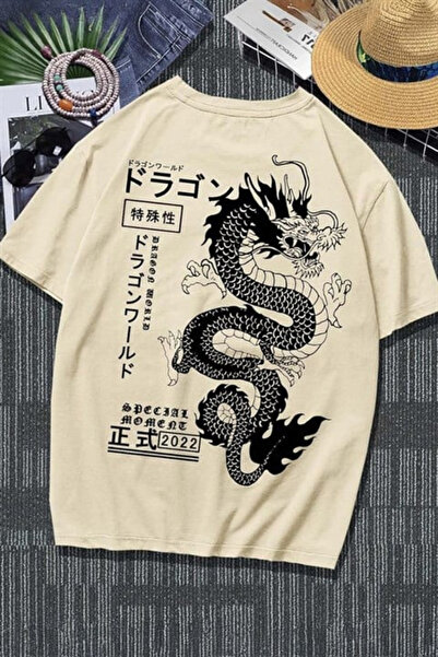 Karakedi Beige Japanese Dragon Harajuku Y2K Unisex T-Shirt