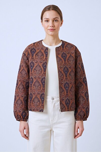 Saade Brown Shawl Patterned Pocketed Jacquard Bomber Jacket