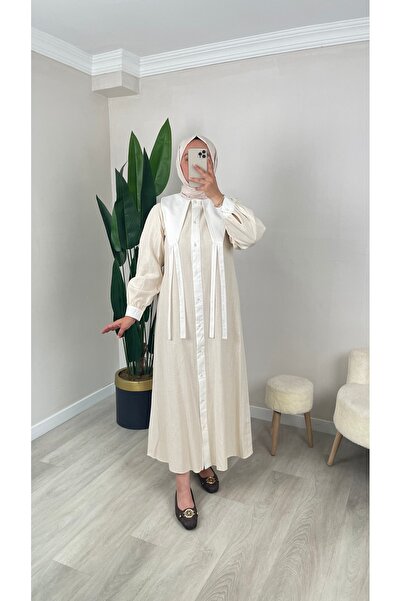 demet's collection Leyla Linen Collar Detailed Long Dress