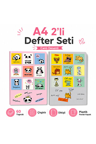 FLY COLOR A4 Dikişli Defter Seti 2’li 60 Yaprak Çizgisiz Plastik Parlak Kapak