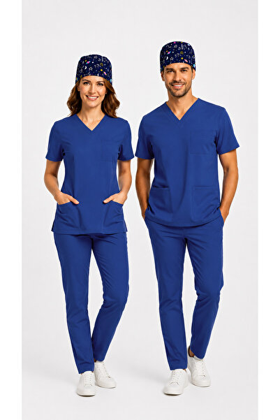 ÇİZGİ MEDİKAL Dazzling Blue Lüks Likralı Üniforma Cerrahi Takım Unisex + Uzay...