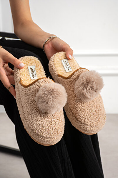 NOVİNS Women's Pompom Plush House Slippers Soft Furry Silent Sole Winter Slip...