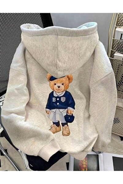 LELVANİ Women's School Style Printed Bear Hooded Sweatshirt