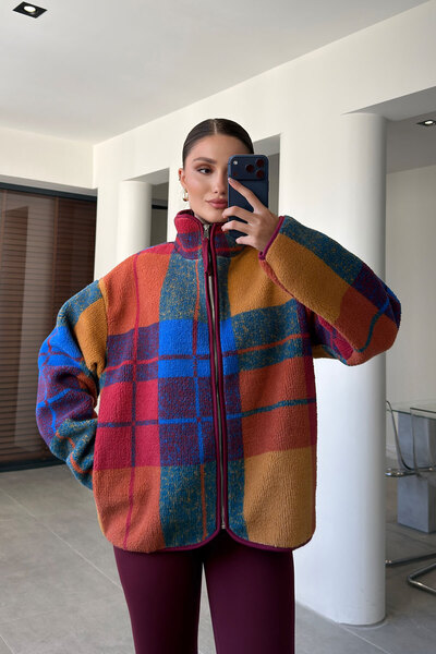 MAGARDE PREMİUM EKOSE DESEN FERMUARLI POLAR- BORDO