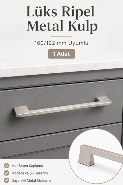 Badem10 Lüks Metal RİGEL Çekmece Dolap Kulpu Mat Saten 160/192 mm 1 Adet Uyum...