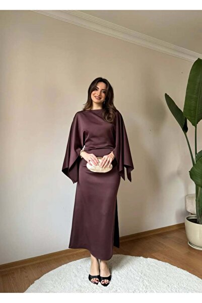 Bellucia Saten Pelerin Kol Drapeli Maksi Abiye Elbise