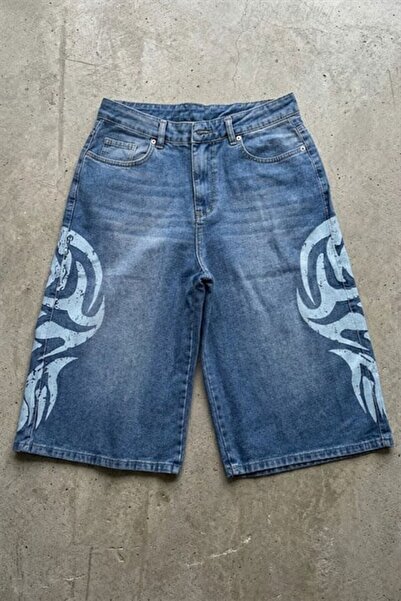 Karakedi Navy Blue Washed Triba Gothic Printed Y2K Unisex Shorts