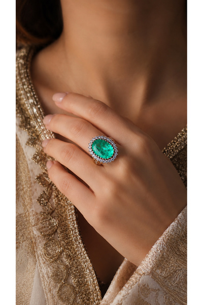 Silveranka 925 Ayar Gümüş Otantik Oval Doğal Paraiba Taşlı Hürrem Yüzük