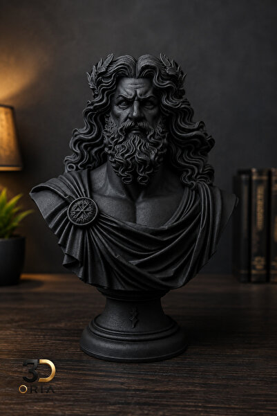 3DOria 3D Baskı Zeus Büstü Siyah Dekoratif Heykel Antik Yunan Tanrısı Masaüst...