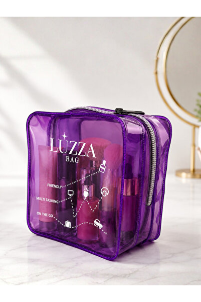 Luzza Bag Şeffaf Makyaj Çantası Mor PVC Fermuarlı Kozmetik Çantası Seyahat ve...