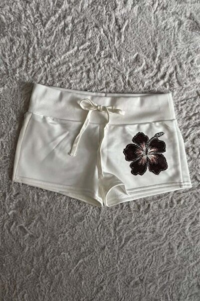 Karakedi White Black Hibiscus Flower Drawstring Y2K Mini Shorts