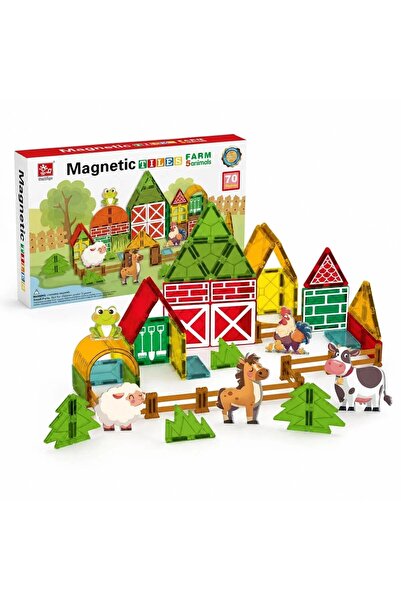 sallma Set de constructie magnetic cu 70 de piese, tema ferma si animale pent...