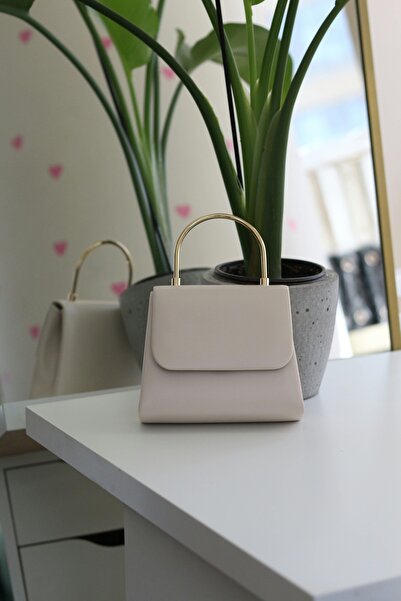 Moom Bag Γυναικεία βραδινή τσάντα ώμου από δερμάτινη κρεμ χρώματος με μεταλλι...