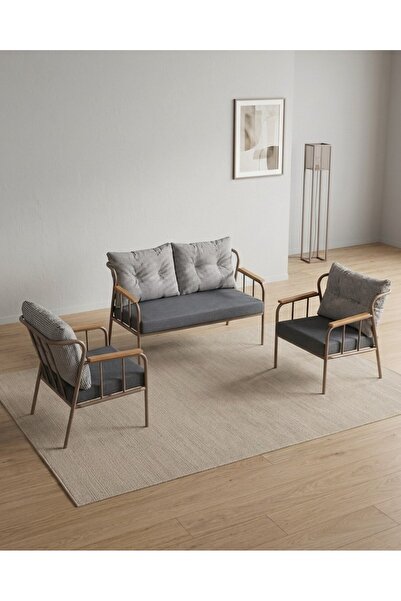 Azra Mobilya Paris 2+1+1 Metal Balkon Takımı Keten Dokulu Kumaş – Cappuccino ...