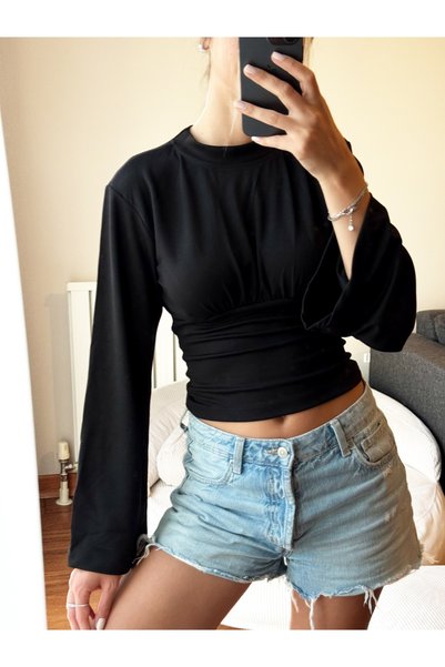 Genel Markalar Kadın Beyaz Uzun Kollu Büzgü Detaylı Örme Scuba Bluz
