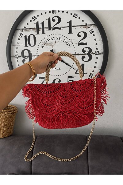 Generic Brand Mesh Red Handbag Paper Rope Crossbody Bag