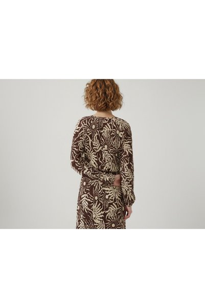 Merlot Pleated Patterned Raglan Sleeve Blouse