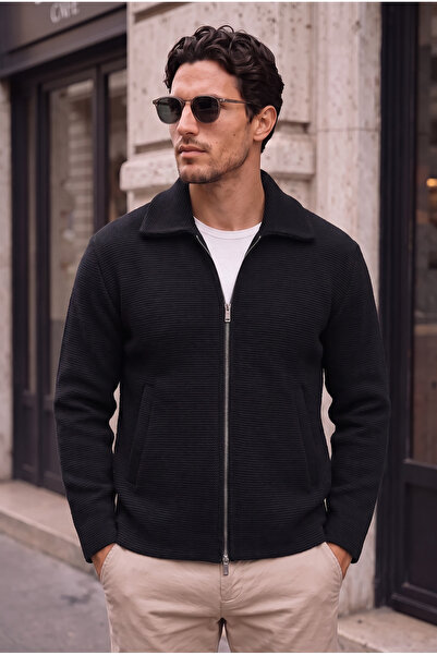 Valiberta Cantona Polo Collar Steel Knit Double Pocket Men's Jacket - Black