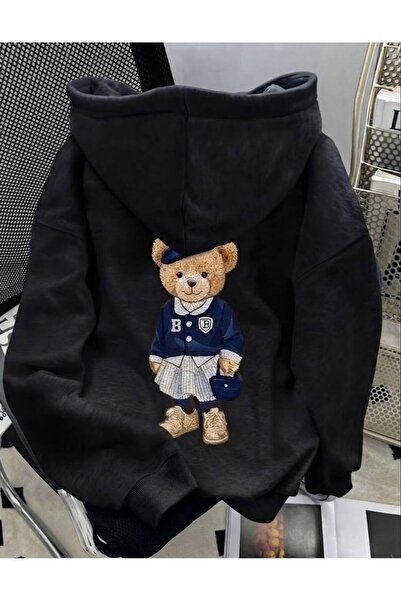 LELVANİ Women's School Style Printed Bear Hooded Sweatshirt