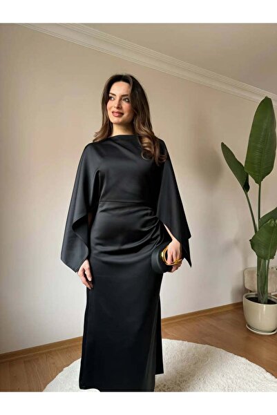 Bellucia Saten Pelerin Kol Drapeli Maksi Abiye Elbise