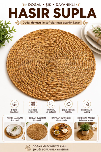 AYGÖREN HOME 6 Pieces of Wicker Jute Plate Set American Service 32 cm Diamete...