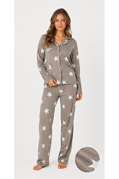 FAMES PİJAMA Women's Suede Seasonal Long Sleeve Beige Star Stripe Pattern Paj...