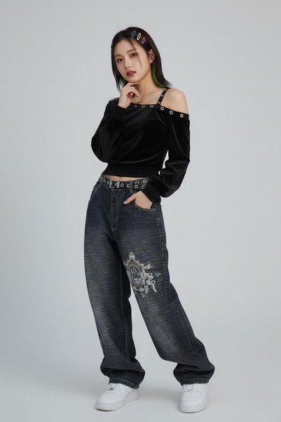 Karakedi Siyah Yıkamalı P Patchli Vintage Baggy Y2K Pantolon