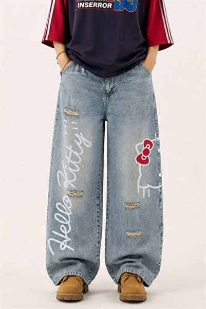 Karakedi Pantaloni largi unisex albaștri Hello Kitty Stonewashed Gothic Y2K