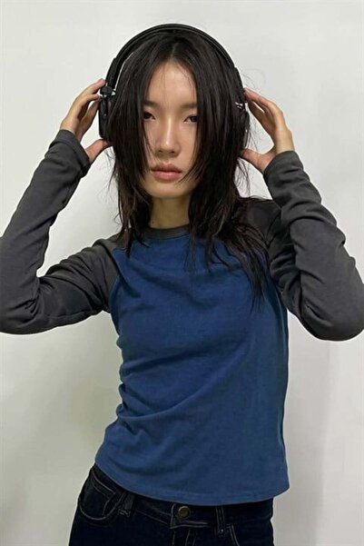 Karakedi أكمام راجلان مدخنة باللون الأزرق الداكن، أكمام طويلة طراز Y2K بقصة ق...