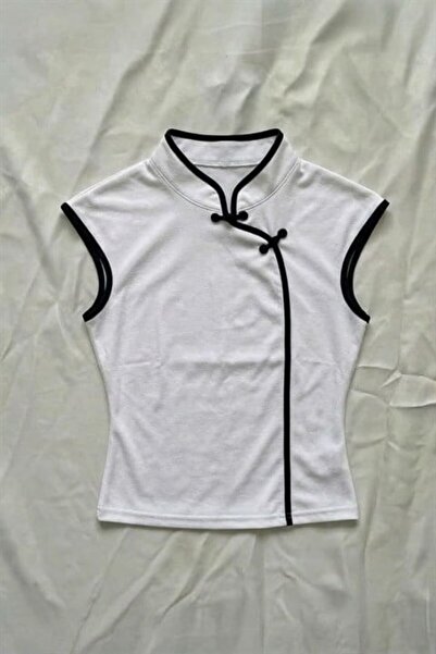 Karakedi Guler mandarin alb cu dungi negre Qipao Y2K cu mâneci scurte crop
