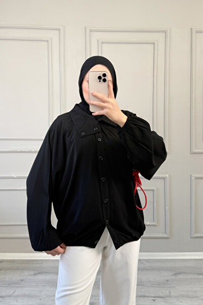 onlymoon Siyah Kırınkıl Kumaş Pamuklu Asimetrik Yaka Detaylı Tül Bomber Ceket...