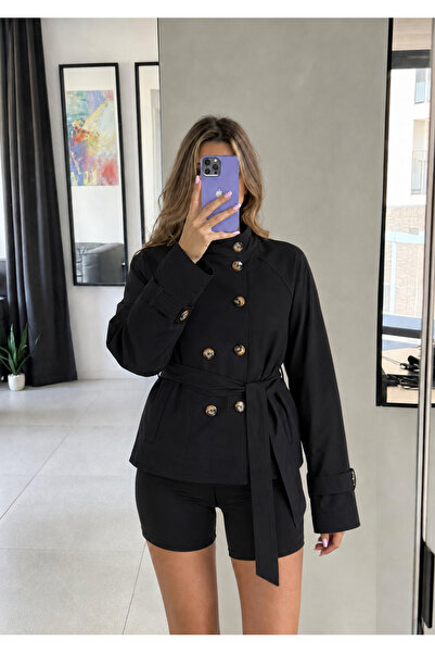 Ekim Store Stand Collar Buttoned Double-Breasted Trench Jacket