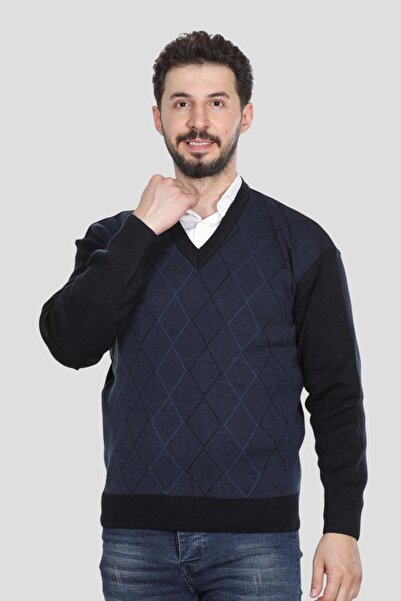 KZC TEKSTİL Men's Middle Age and Above Knitwear Knitted Diamond Patterned Acr...