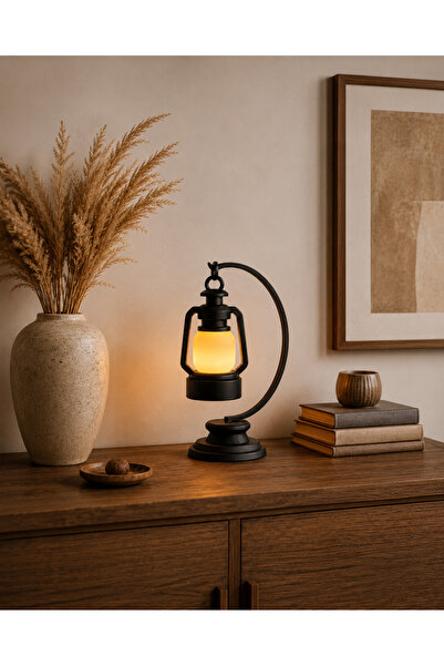 vetria Dekoratif Askılı Fener Masa Lambası Pilli Tealight Mumlu Vintage Siyah...