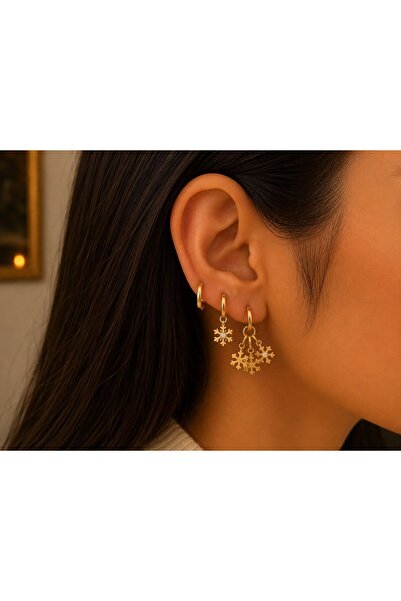MARE BUTİK Set of 3 Gold Steel Earrings with Snowflake Figures