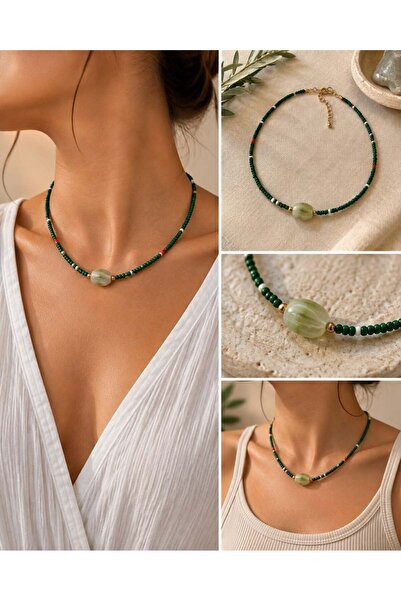 MARE BUTİK Green Beaded Gold Detailed Stone-Looking Necklace