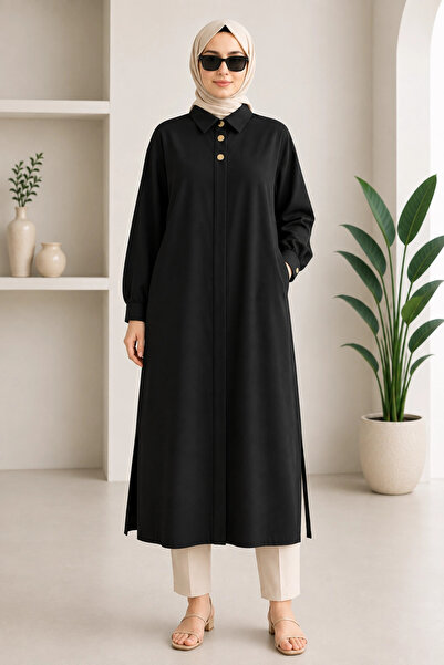 FOMLY Kadın Siyah Oversize Cepli Gizli Düğmeli Uzun Tunik