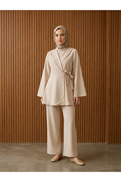 Foremia Belt Detail Jacketed Suit-Stone
