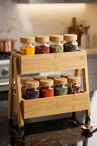 Kitchen Life Bambu Standlı 13 Parça Etiketli Kare Cam Baharatlık Seti