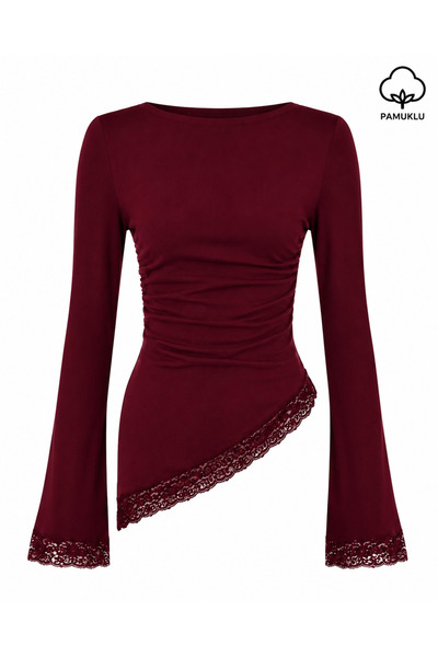 peri tower Women's Cotton Boat Neck Side Gathered Asymmetrical Cut Lace Detai...