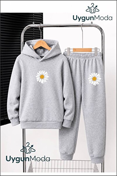 UygunModa Single Daisy Printed Hooded Thick Cotton Inside Padding Tracksuit w...