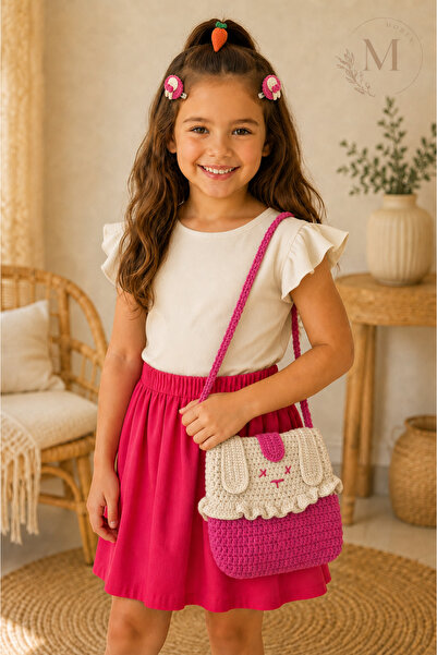 Morey Rabbit Design Fuchsia Hand Knitted Children's Bag and Hair Accessory Set