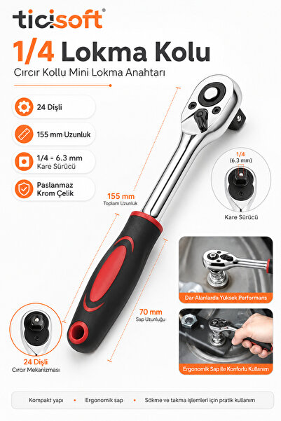 Ticisoft 1/4 Lokma Kolu Cırcır Anahtar Mini Boy 155 mm Lokma Ahtarı Sökme Tak...