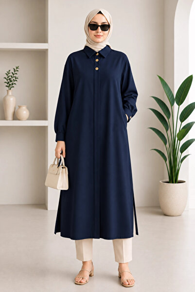 FOMLY Kadın Lacivert Oversize Cepli Gizli Düğmeli Uzun Tunik